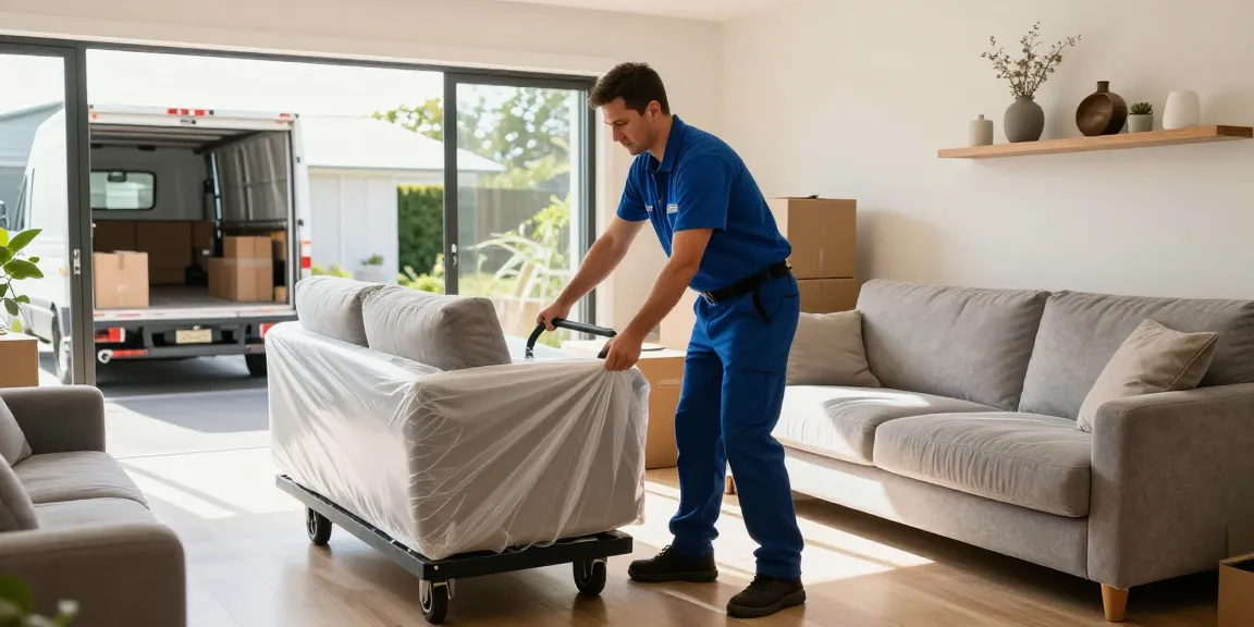 Professional furniture movers Tauranga carefully wrapping a sofa in a modern living room, showcasing stress-free relocation.