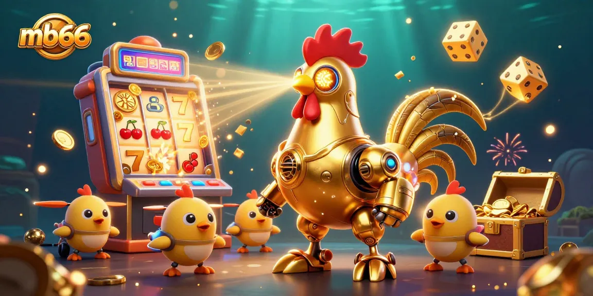 Engage with mb66's vibrant slot games featuring a golden rooster robot and dynamic casino elements.
