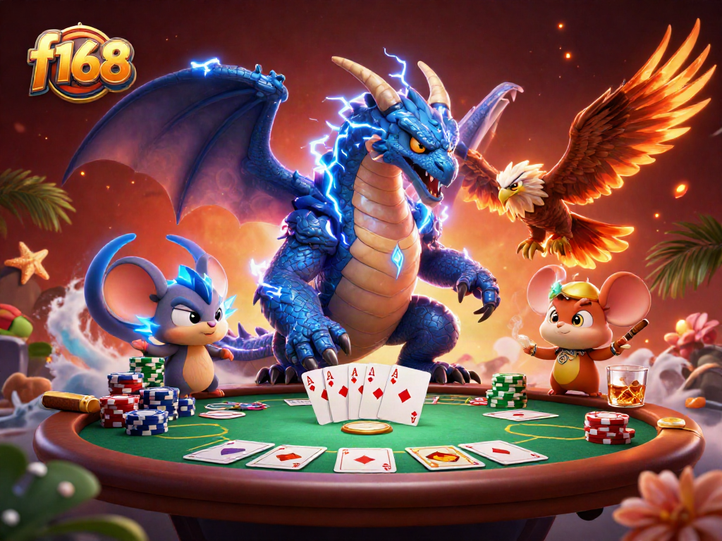 Experience the f168 thrill with dynamic poker action surrounded by vibrant casino elements.