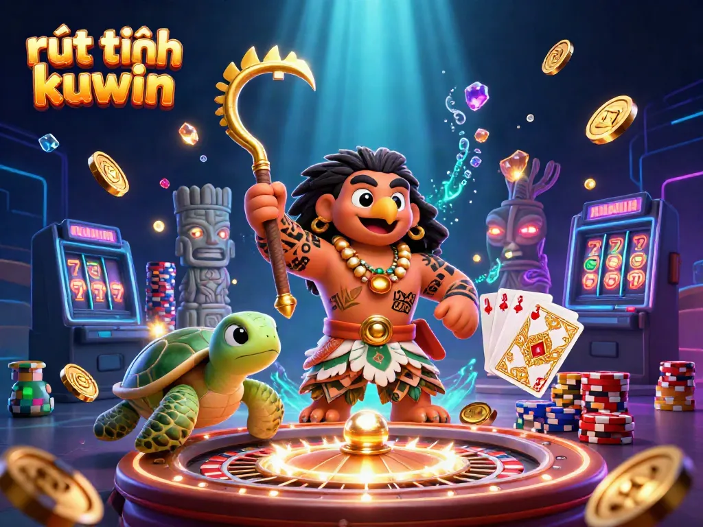 Experience rút tiền kuwin with a vibrant 3D casino scene featuring tropical characters and game elements.
