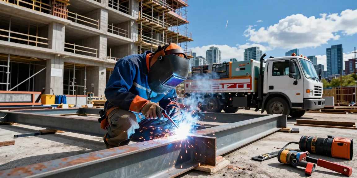 Expert welder performing MIG welding on structural steel in Canada Vancouver construction site.