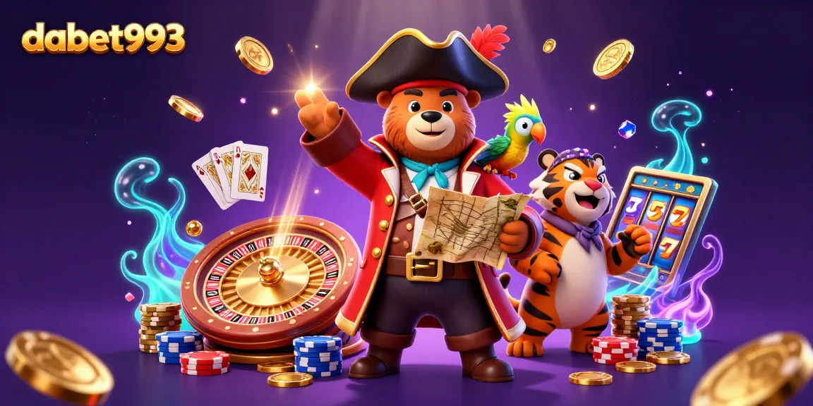 DABET993 captivates players with vibrant casino features featuring a pirate, tiger, and parrot amidst dazzling game elements.