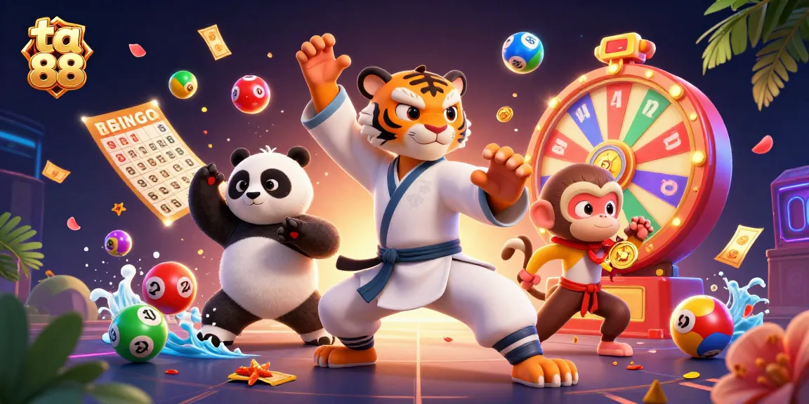 Join the fun at ta 88 with a dynamic 3D illustration featuring playful casino elements and characters.