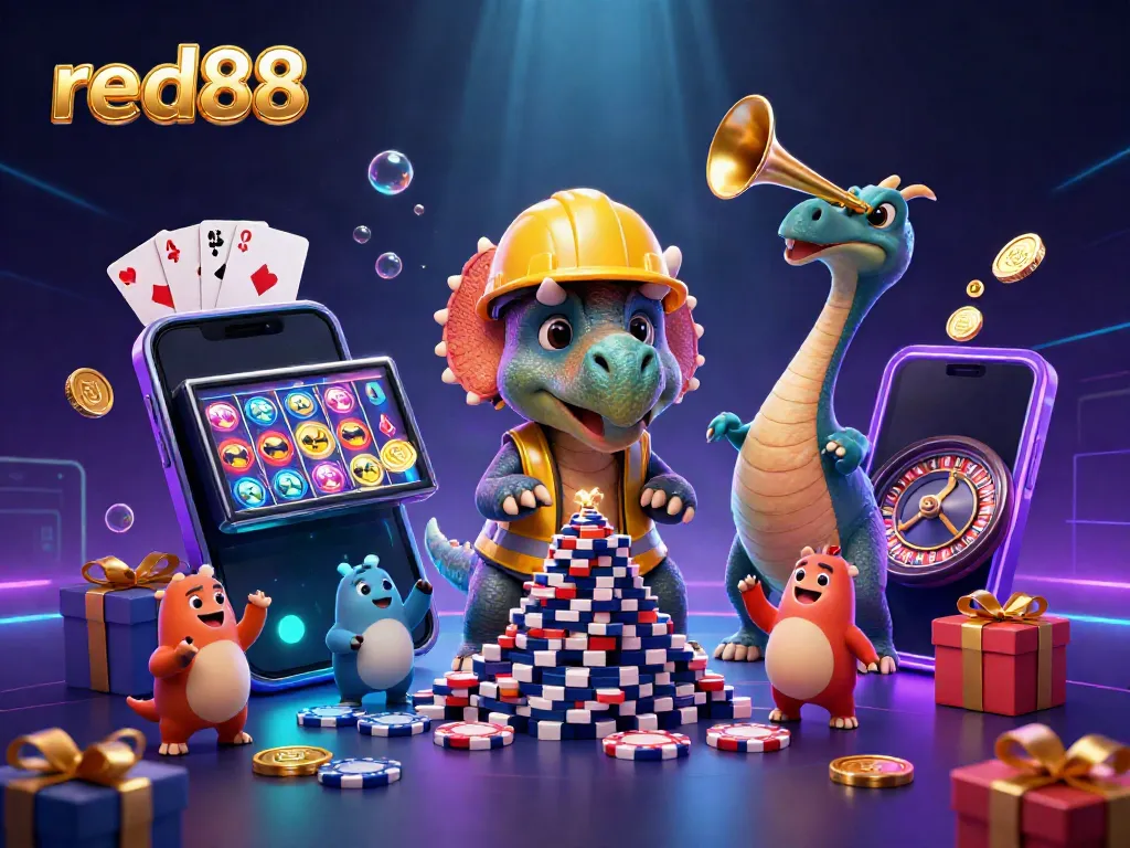 Engage with red88's vibrant online casino scene featuring a triceratops, celebrating characters, and exciting games.