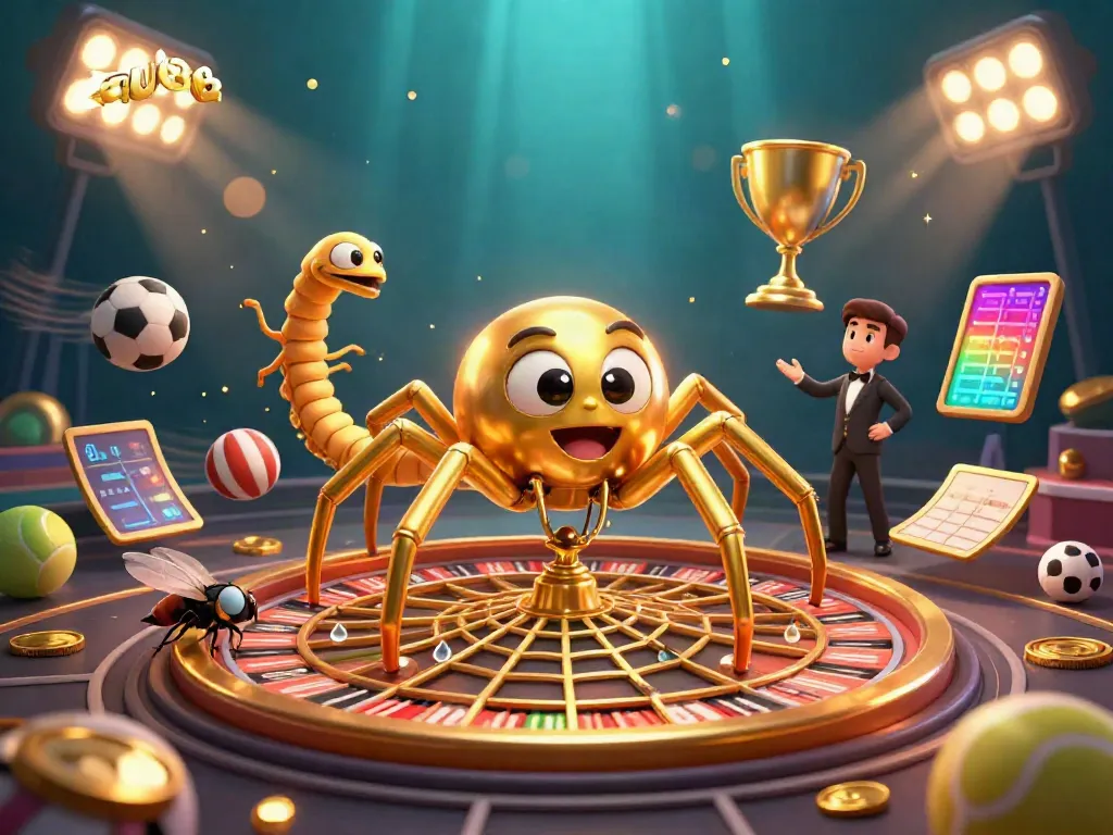 Experience thrilling bets at au88 as a golden spider spins a roulette web surrounded by dynamic sports elements.