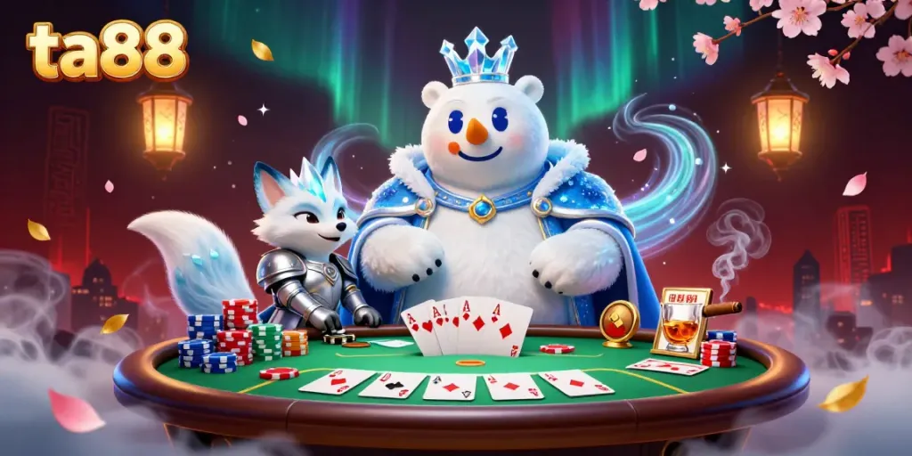 Experience thrilling poker action with ta88 as a spectacular ice king polar bear and a silver-armored snow fox compete amid vibrant casino elements.