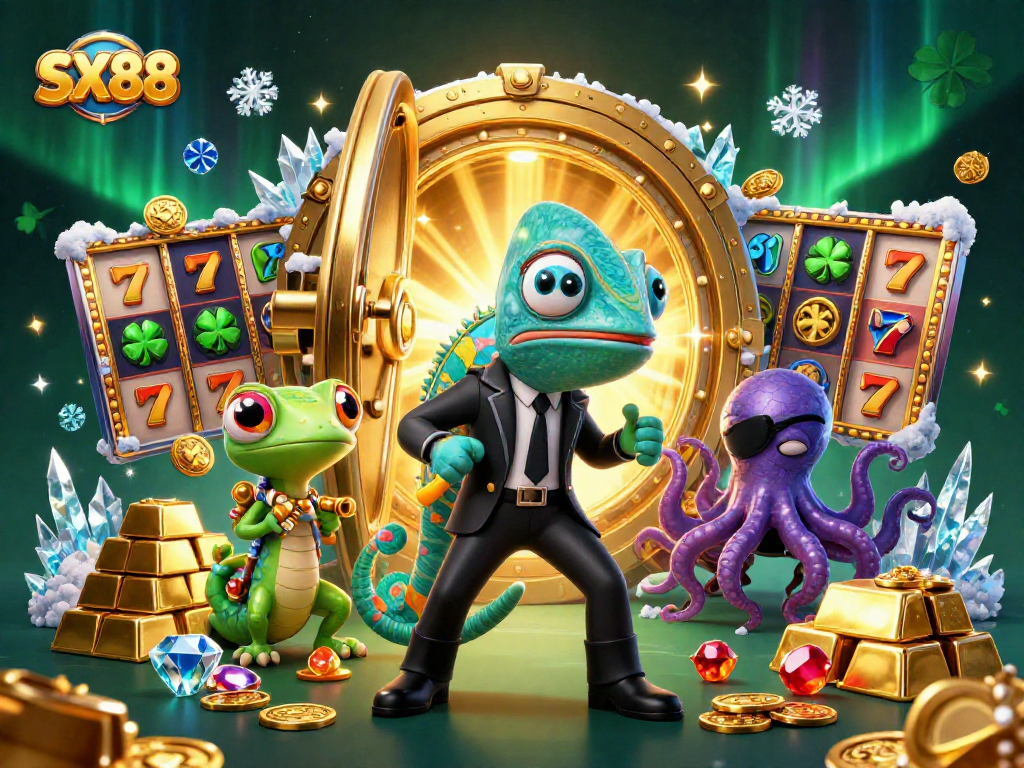 SX88 showcases a dynamic illustration of a secret agent chameleon alongside a tech-savvy gecko, immersed in a world of vibrant casino elements.