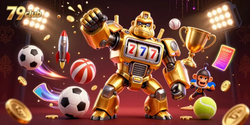 Experience thrilling wins at 79club with a dynamic 3D illustration featuring slot machine elements and sports memorabilia.