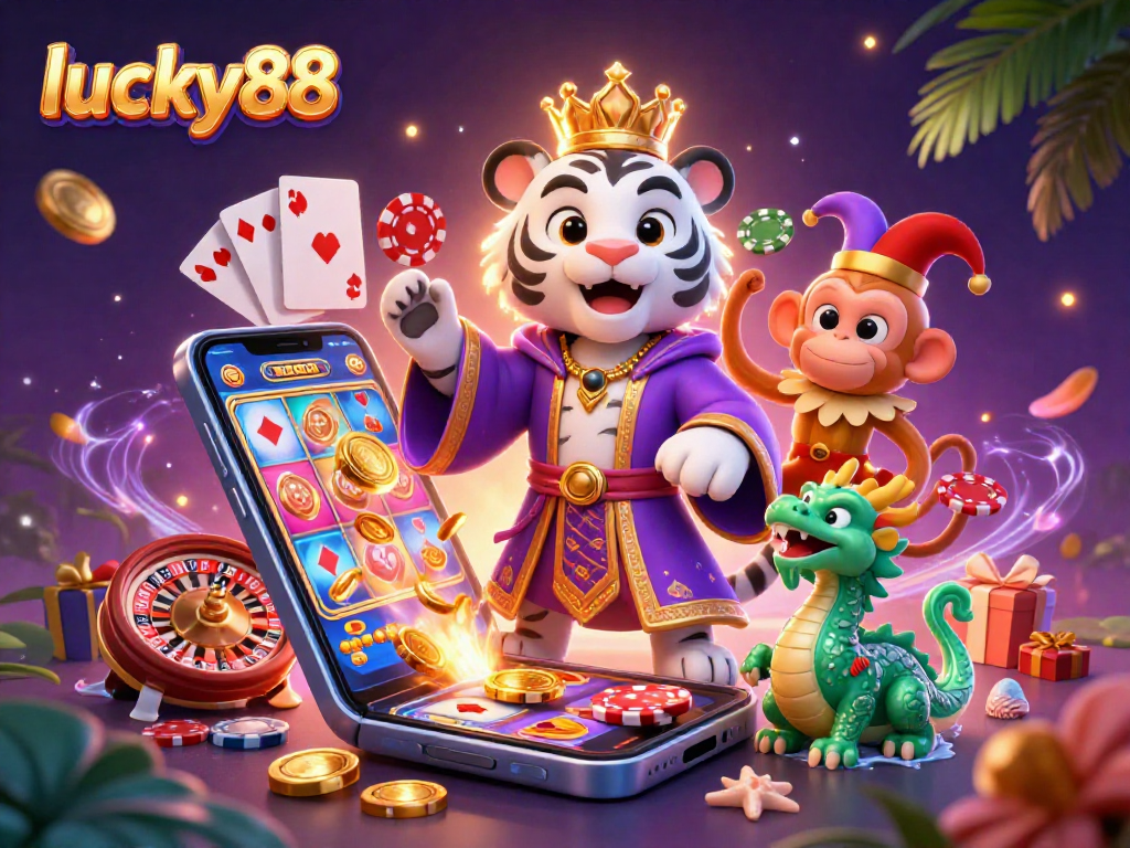 Experience exciting lucky88 gameplay with the lively tiger, playful monkey, and dragon amidst vibrant casino elements.