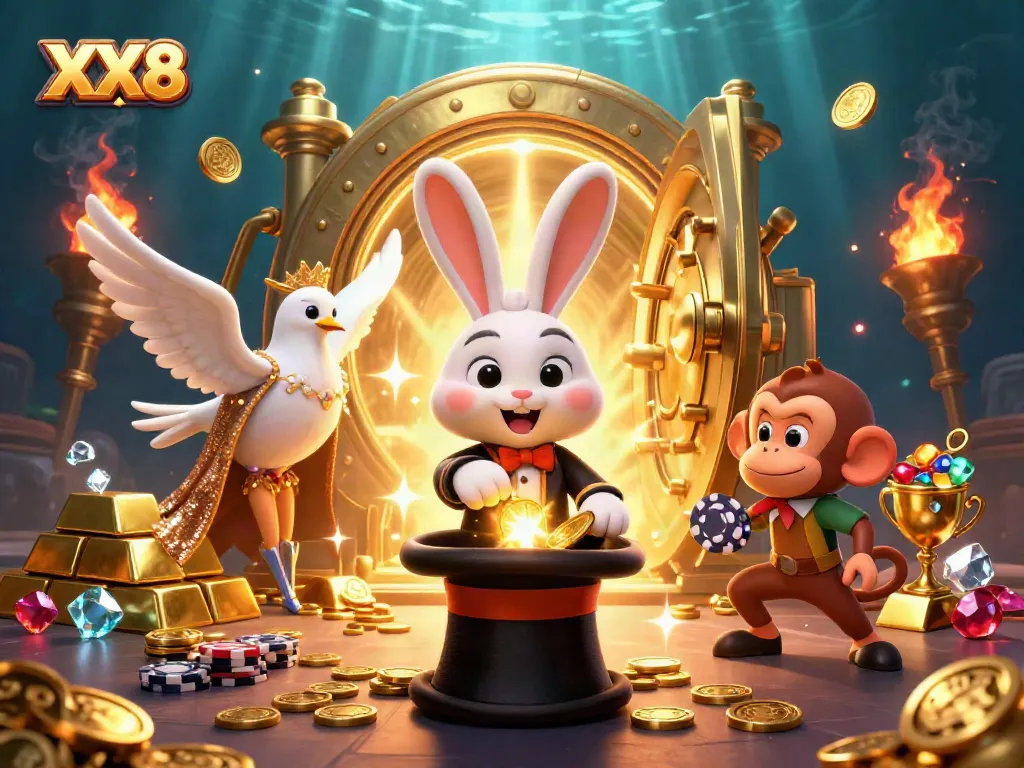 Engage with the magic of gaming at XX8, featuring a dazzling rabbit magician and treasures in a vibrant casino scene.