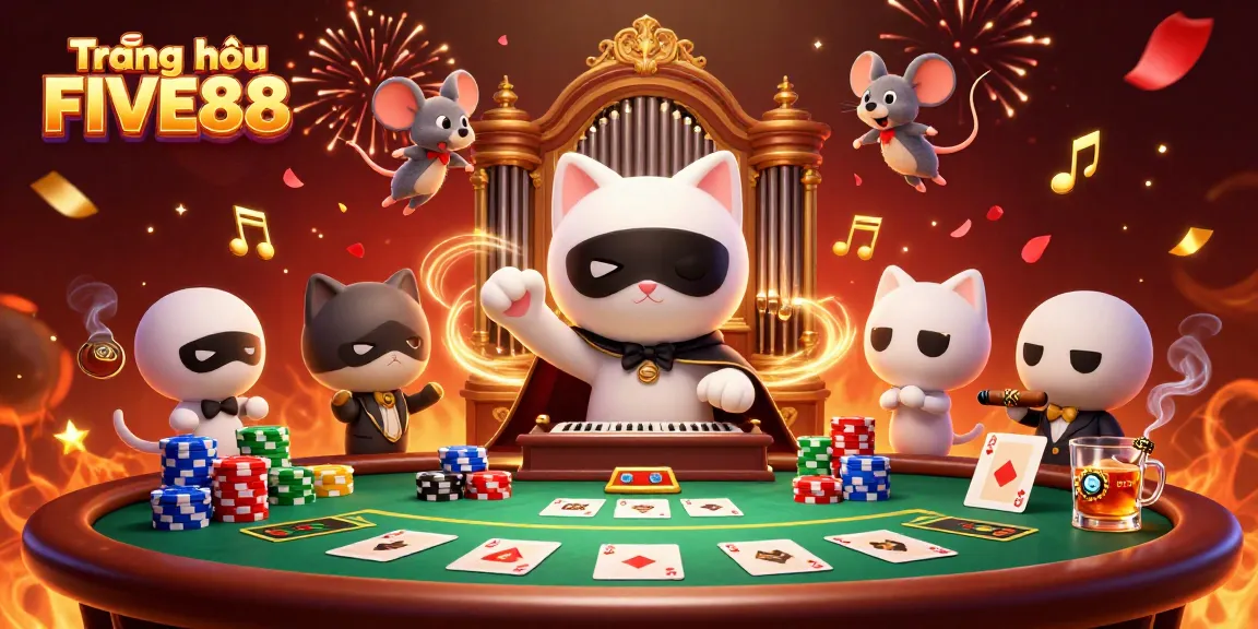 Experience the excitement at Trang chủ FIVE88 with vibrant casino characters and dynamic gaming elements.