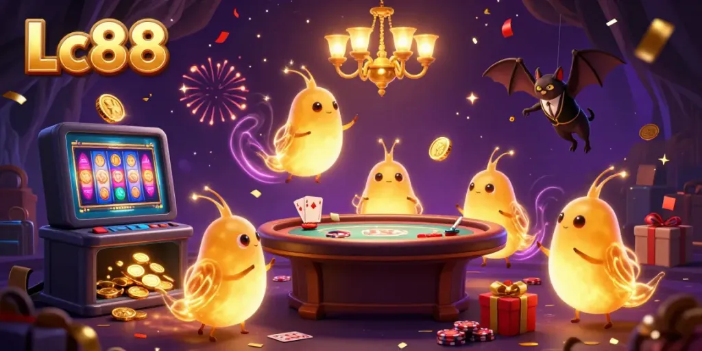 Experience Lc88's vibrant casino atmosphere, showcasing glowworms and a bat dealer amidst festive gaming elements.