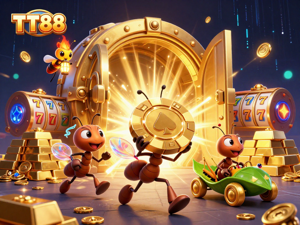 Experience TT88's excitement as playful ants carry a massive poker chip amidst a vibrant casino-themed heist.
