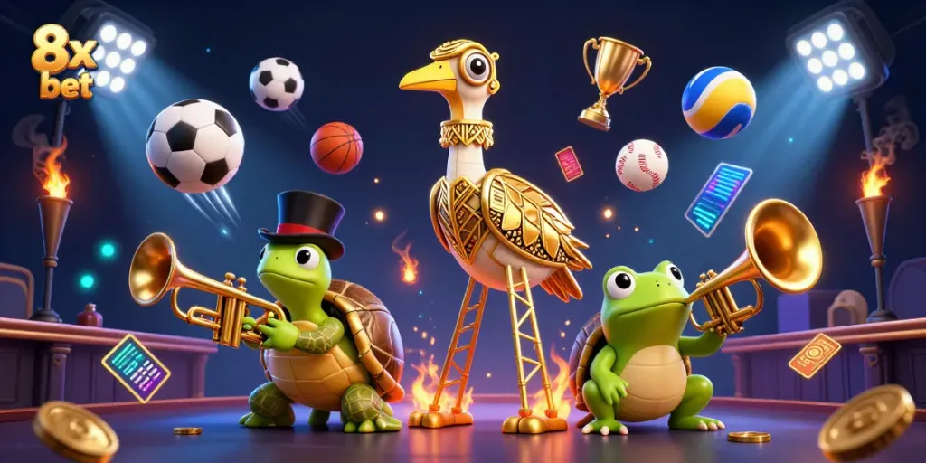 Engage in thrilling sports action with vibrant characters representing 8x bet in a festive 3D casino scene.