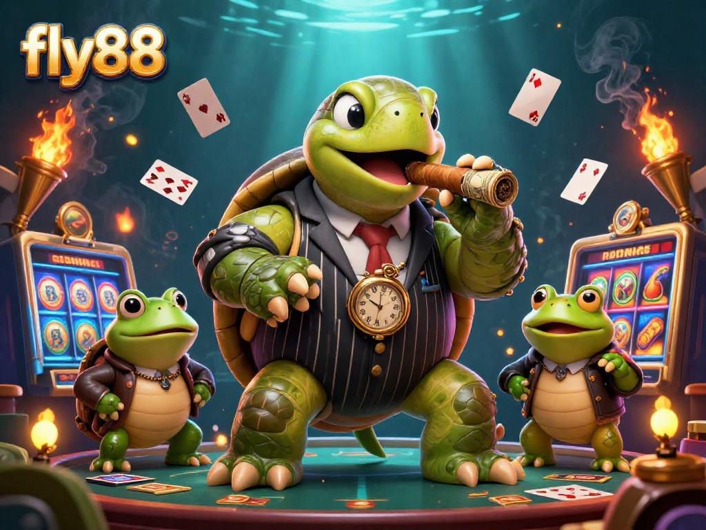 Experience thrilling action at Fly88 with a lively casino scene featuring an animated turtle and bullfrogs.