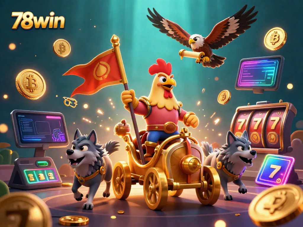 Experience thrilling bets at 78win with a dynamic scene featuring a rooster warlord and slot games.
