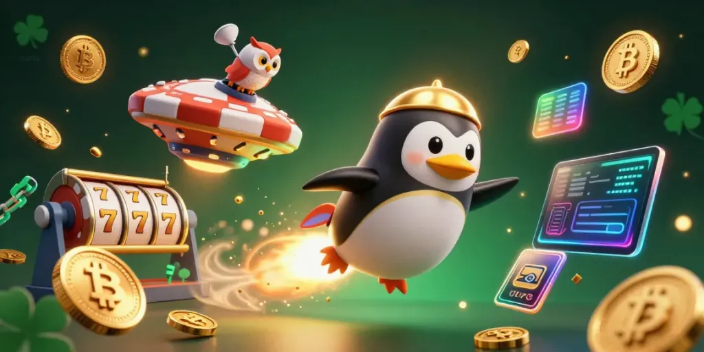 Sao789 penguin rocket blasting golden coins toward a poker chip casino in a vibrant space scene.