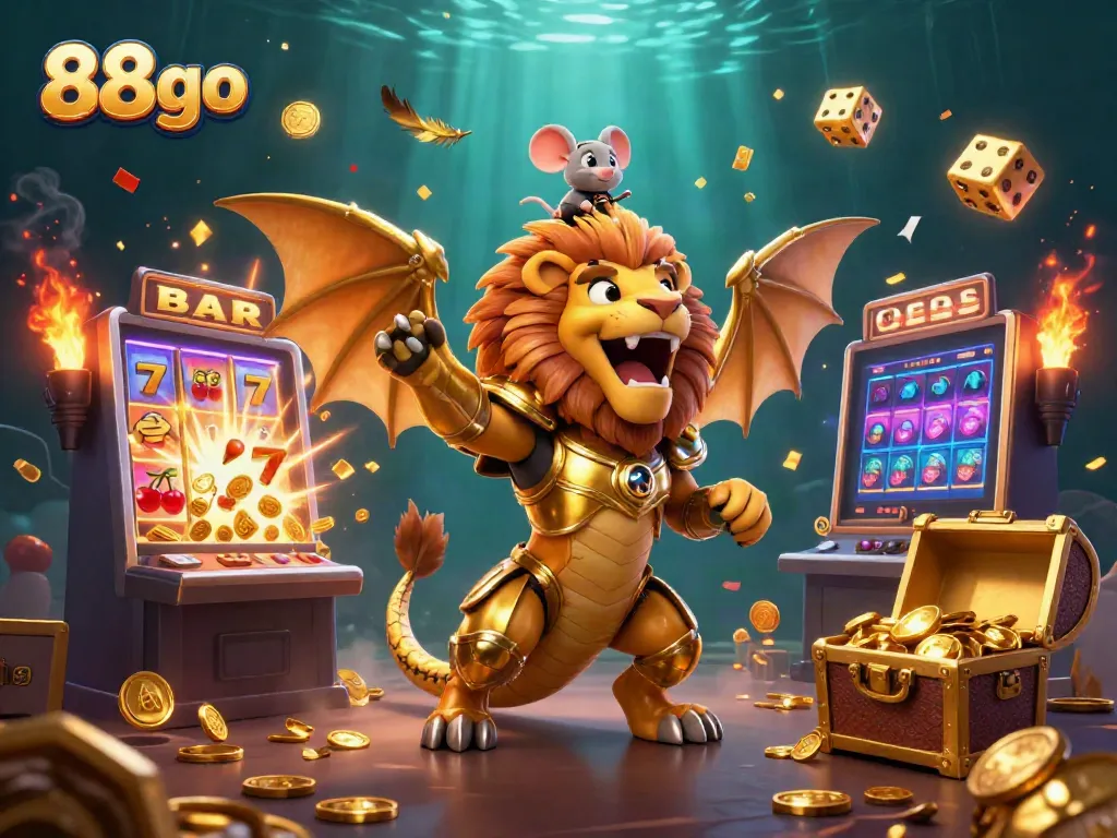 Spin the reels with 88go's vibrant gaming world, featuring golden chimera and dynamic casino elements.