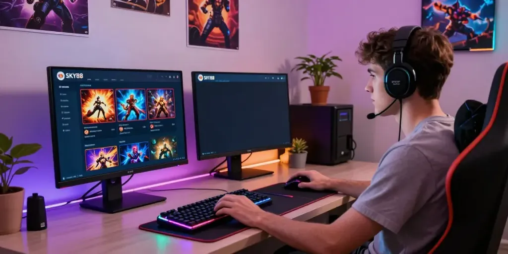 Engaged player using the SKY88 platform for online gaming in a modern setup.