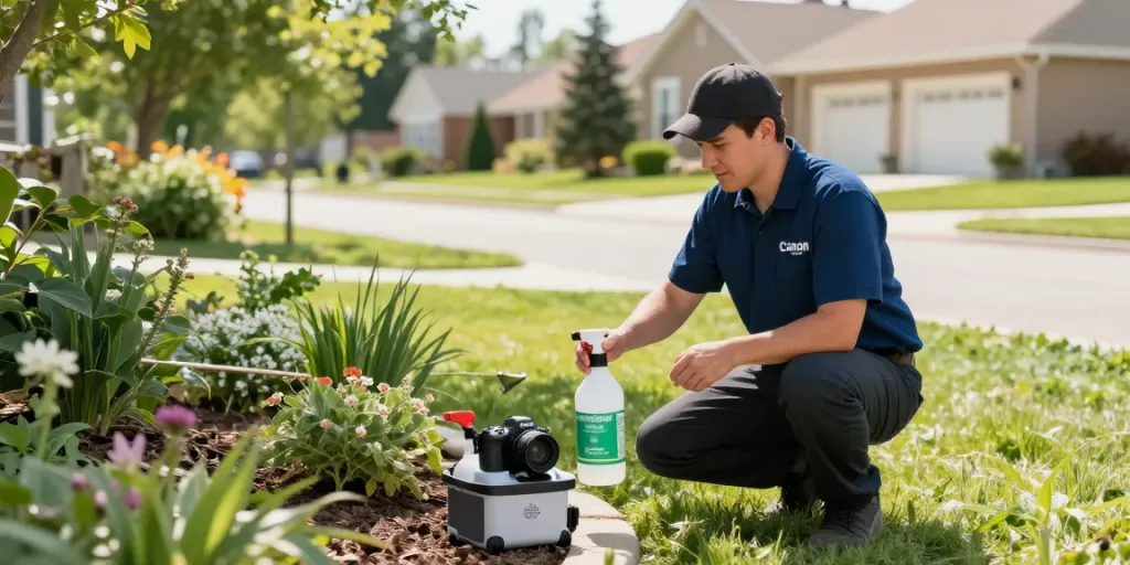 Calgary pest control technician applying eco-friendly solutions in a residential yard.