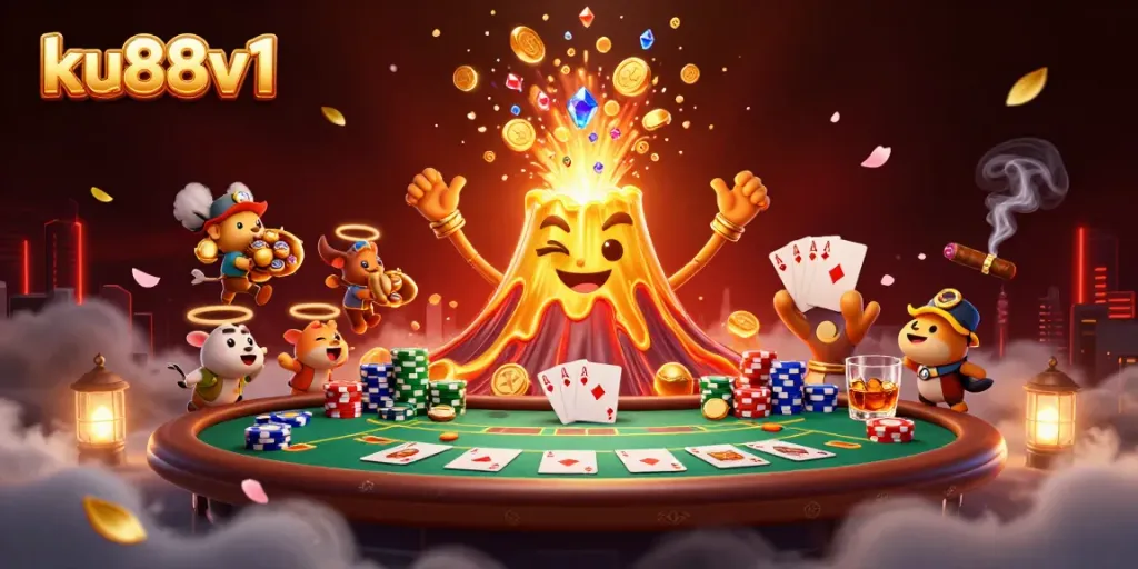 ku88v1 showcases a triumphant golden volcano erupting treasure surrounded by poker elements in a dynamic scene.