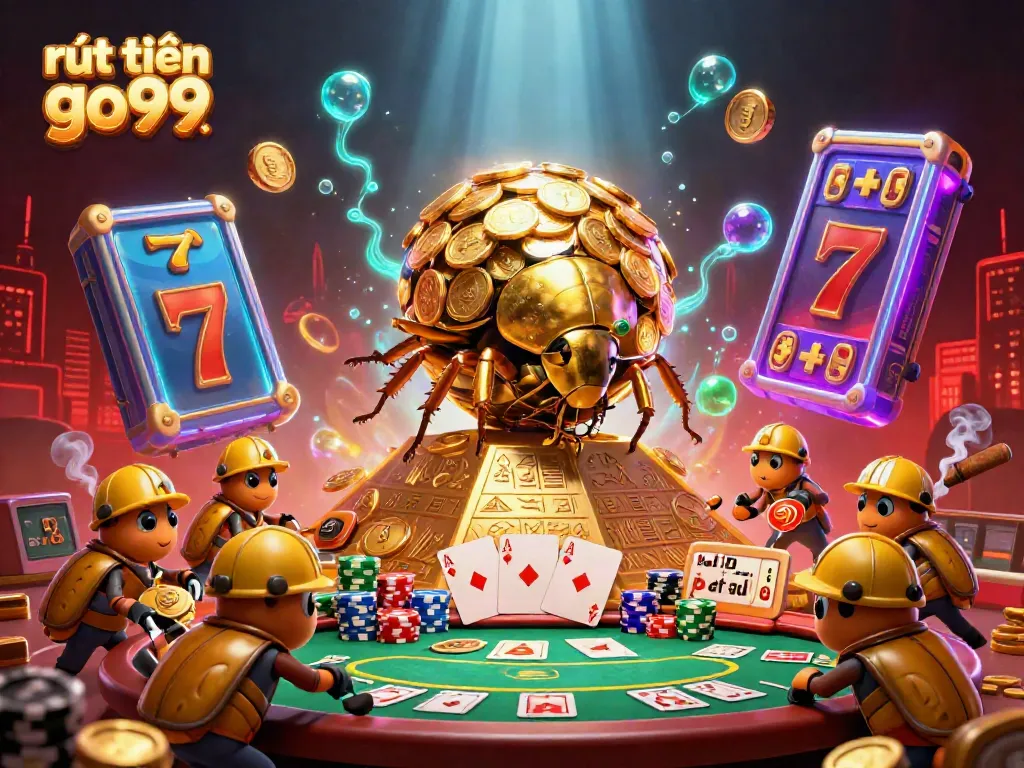 Experience the thrill of rút tiền go99 with playful casino elements featuring golden beetles and poker objects.