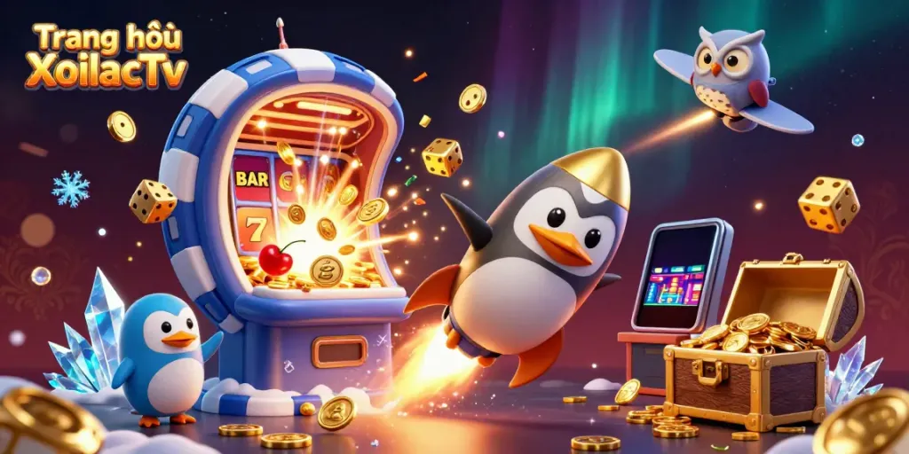 Experience thrilling gameplay on Trang chủ XoilacTv with a vibrant, action-packed 3D illustration of a golden penguin and casino elements.