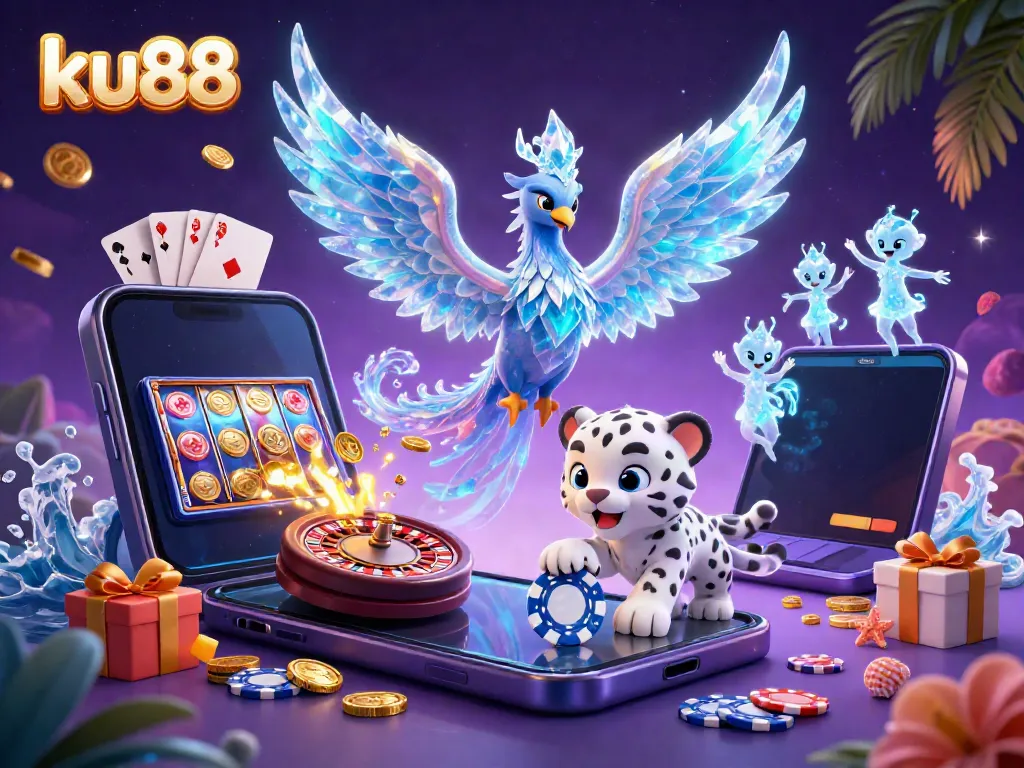 Engage with lively gaming action at ku88 with an ice phoenix, snow leopard cub, and animated casino elements.