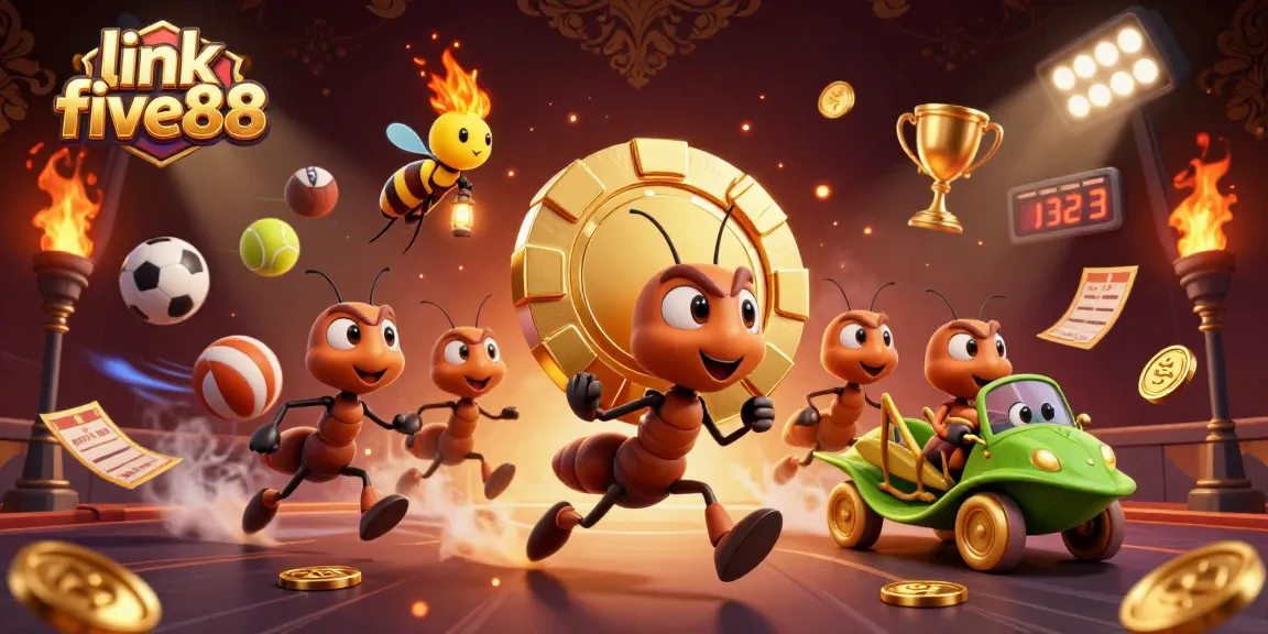 link five88 showcases adventurous ants carrying a giant poker chip in a dynamic casino heist scene