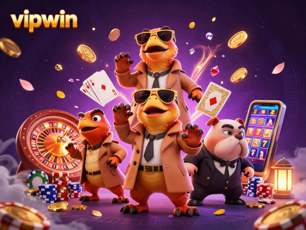 Join the raptors at VIPWIN's exclusive casino lounge, surrounded by vibrant gaming elements!