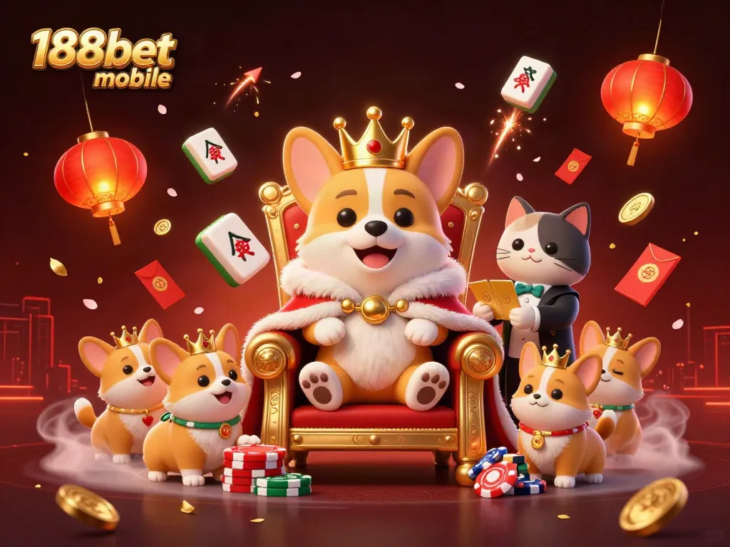 Experience the excitement of 188bet mobile with a royal corgi and vibrant casino elements.