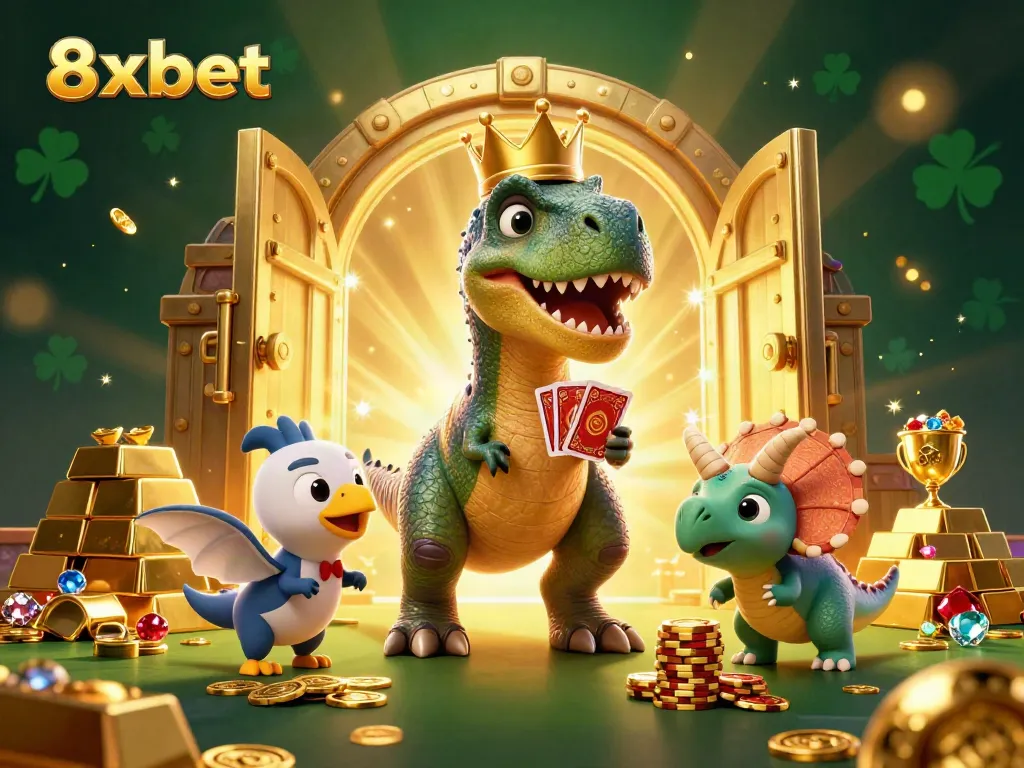 Engage in casino fun with 8xbet, featuring a playful T-Rex shuffling cards amidst gold treasures.