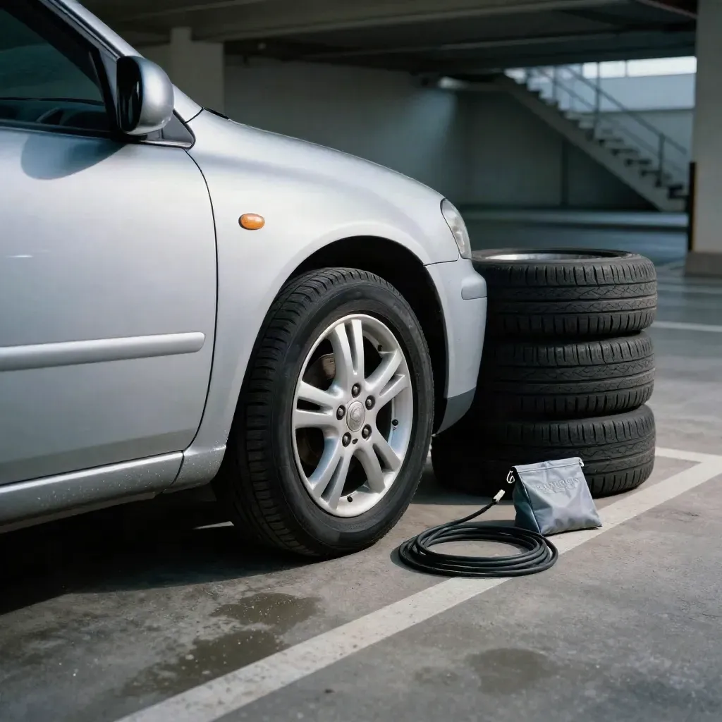 Silver crossover in a garage beside tires, a charging cable and service pouch, lit by cool daylight.