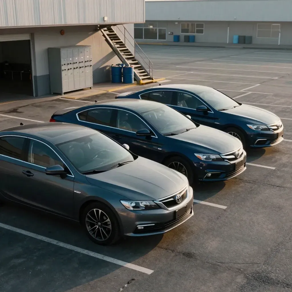 Three shared sedans in a parking yard beside a key locker and fuel drums at shift change.