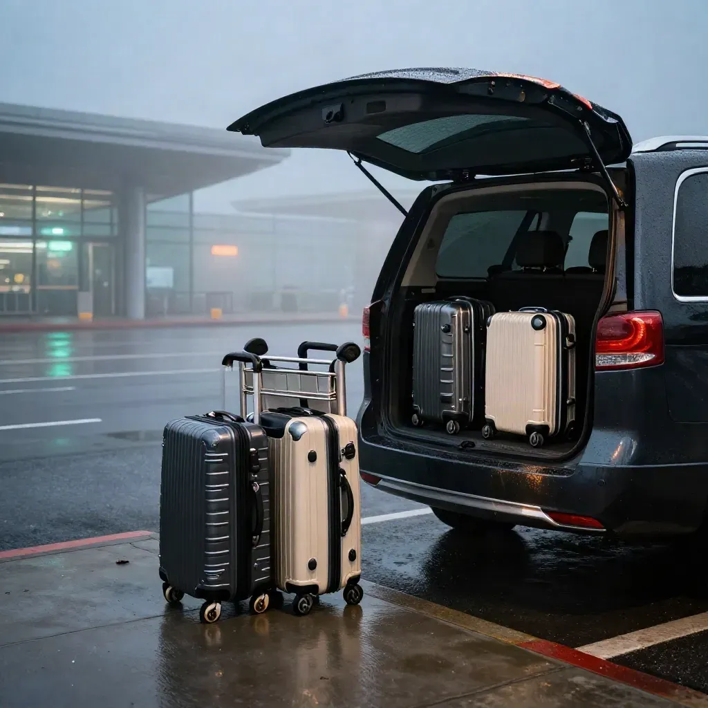 Black minivan at dawn curb with suitcases and luggage cart, ready for an airport transfer.