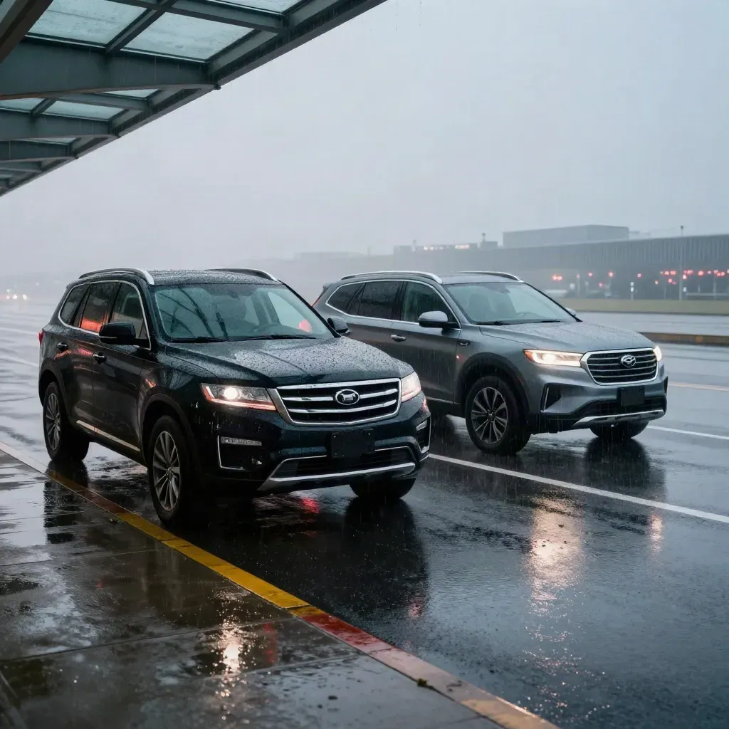 Rain-slick airport pickup lane with three SUVs under a glass canopy at dawn.