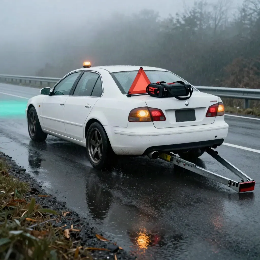Disabled white sedan on a wet roadside shoulder with jump pack, triangle, tow ramp and glowing hazards.