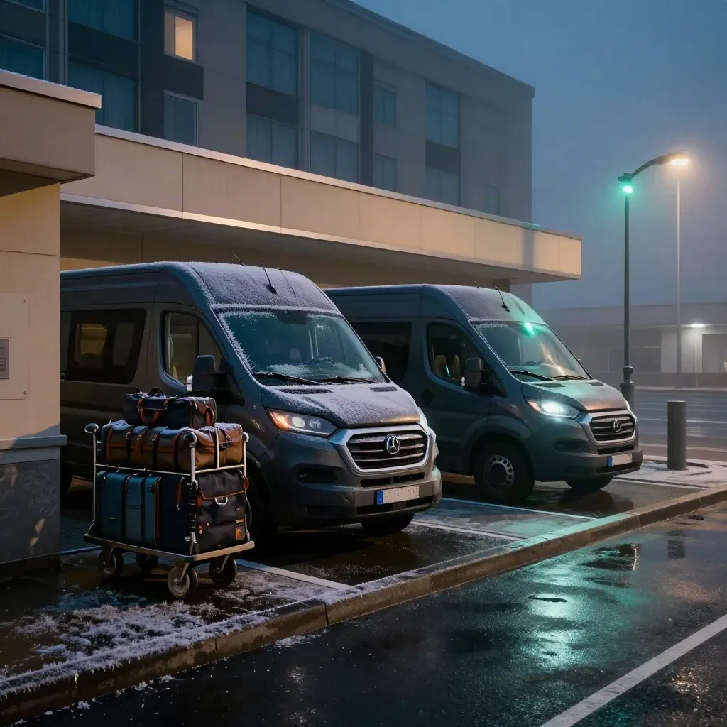 Two dark vans with luggage waiting at a misty airport hotel curb before dawn.