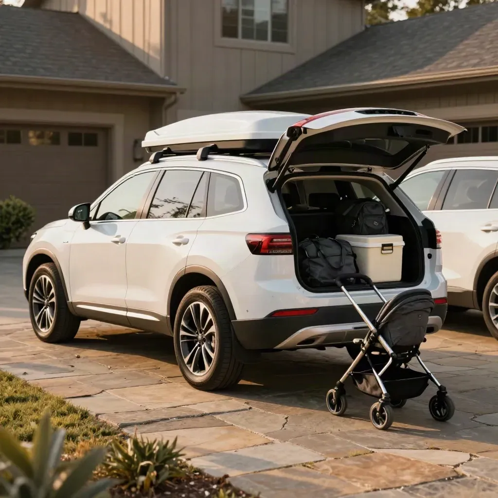 Two SUVs packed for a family road trip outside a suburban home, open hatch full of luggage and stroller.