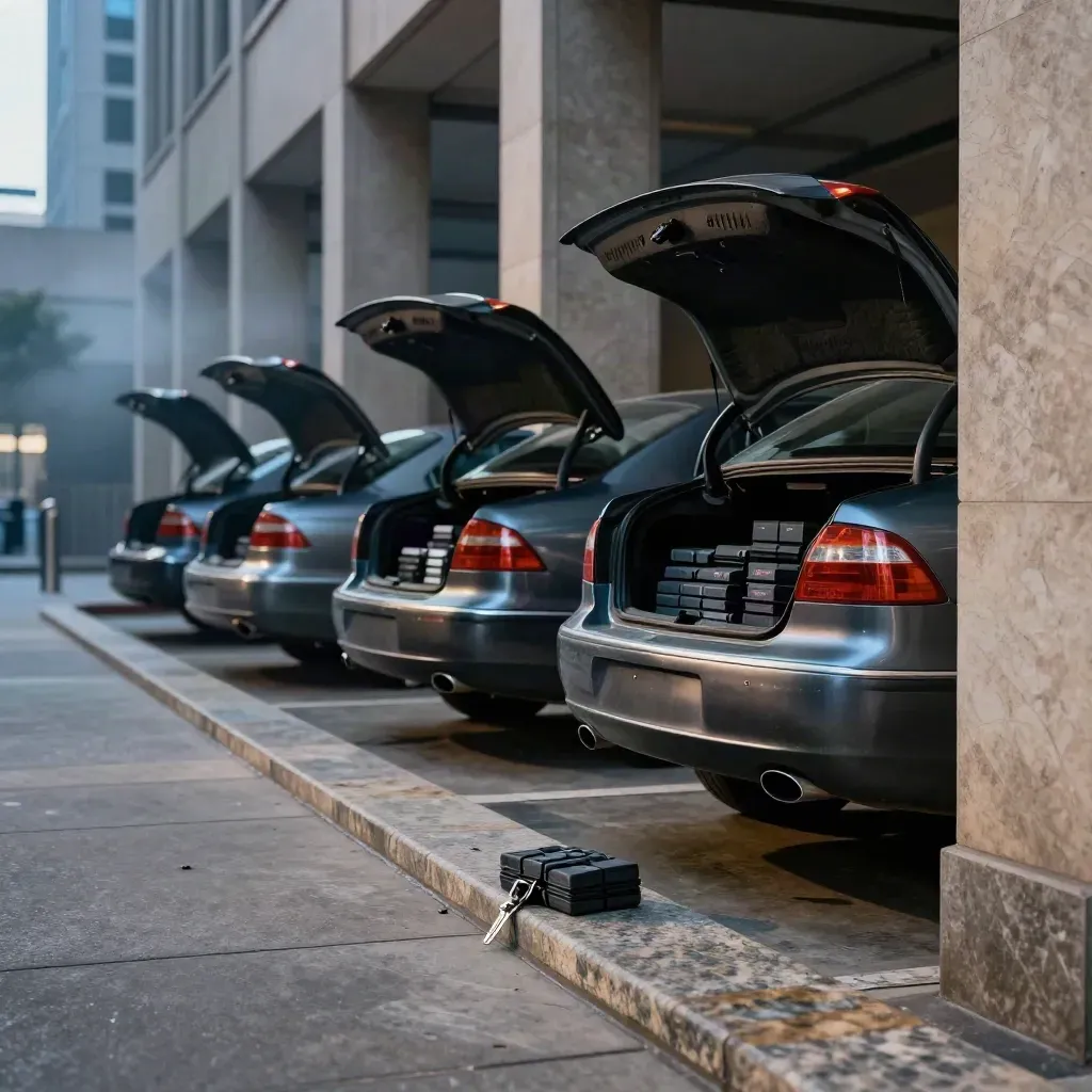 Five sedans under an office tower loading bay with open boots, sample cases, and keys.