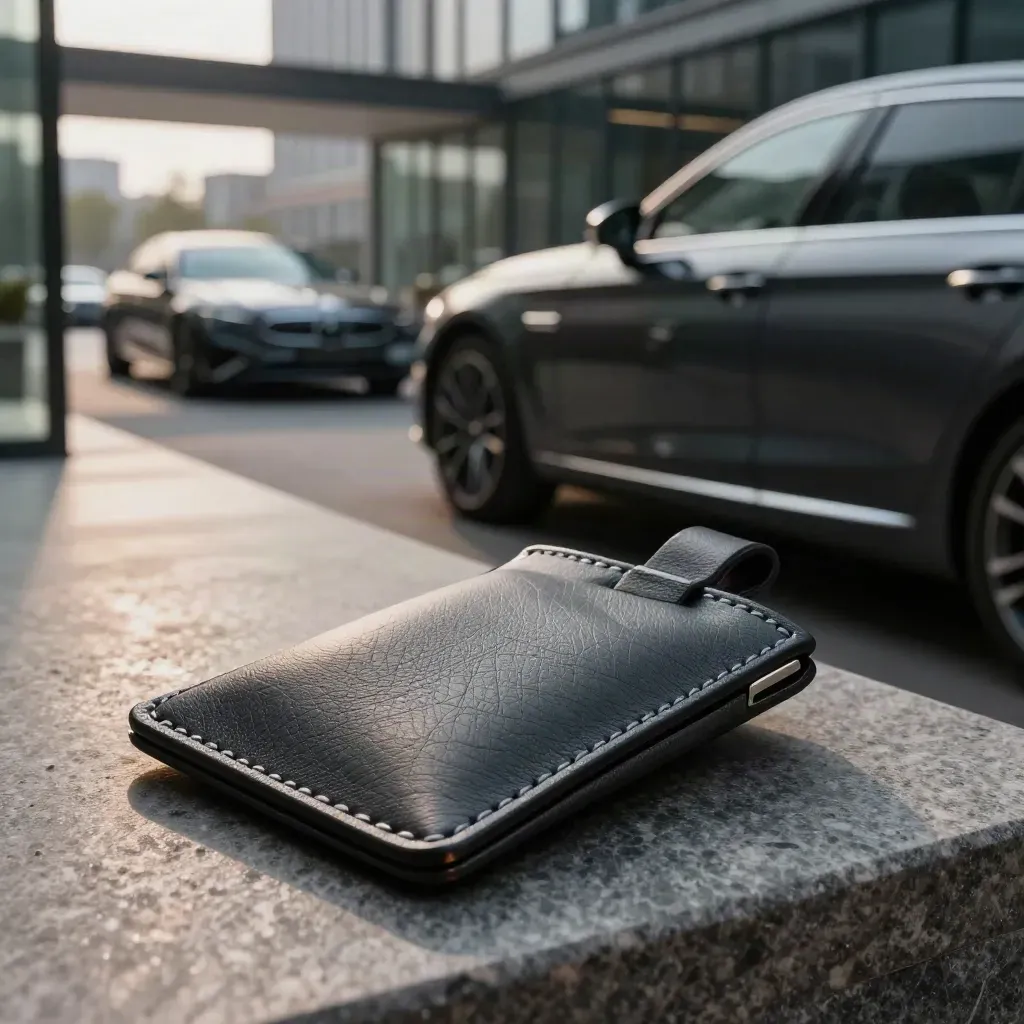 Leather key pouches beside black sedans at a glass office porte-cochère