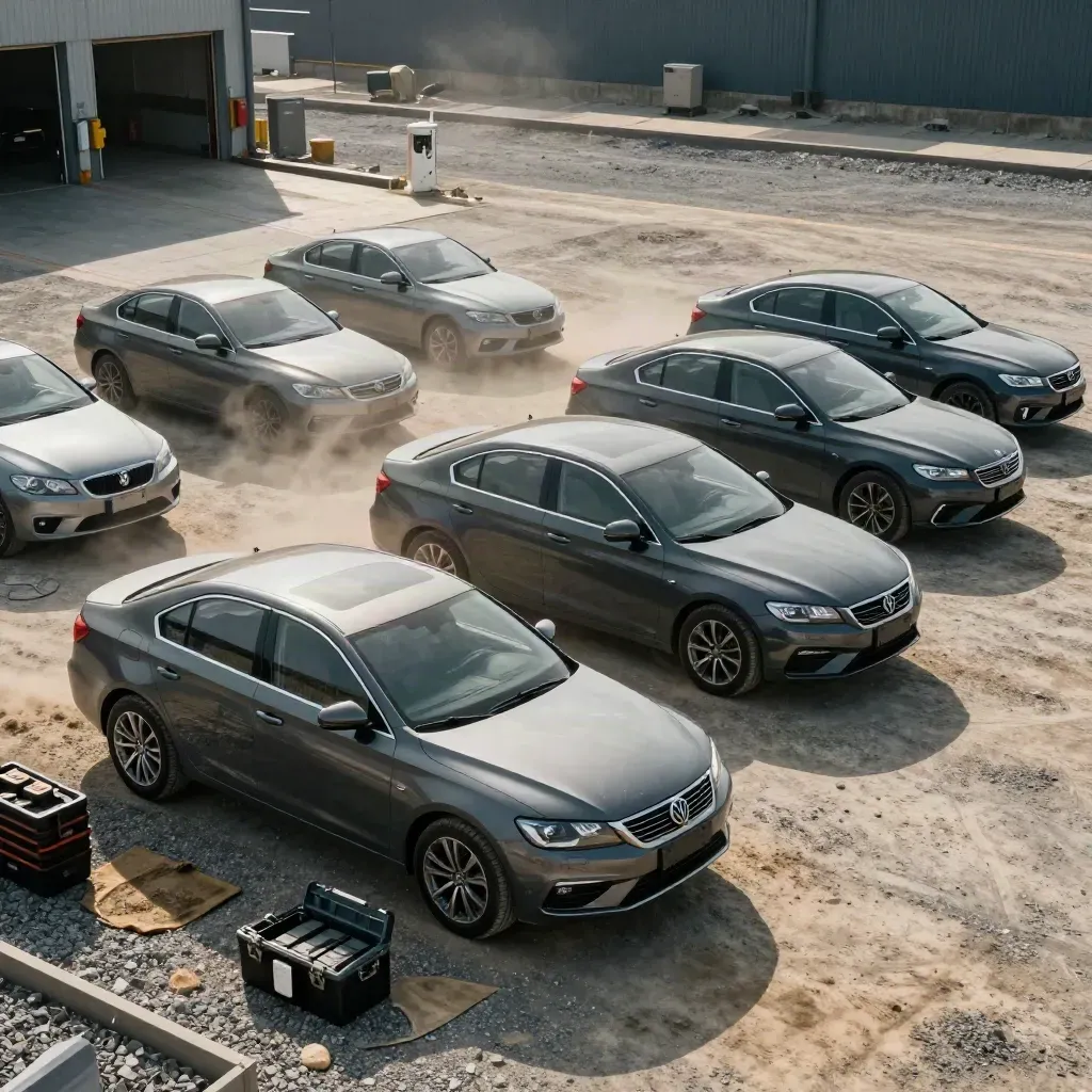 Six compact sedans parked in a gravel lot beside tools and a charging station, seen from above.