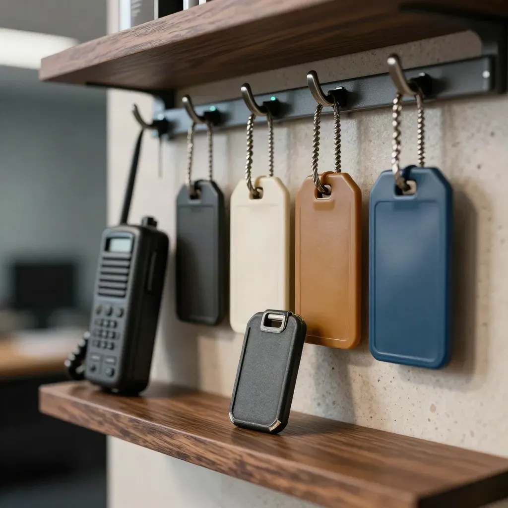 Key fobs, dispatch radio, and color-coded tags on a maple shelf in a dim office nook.