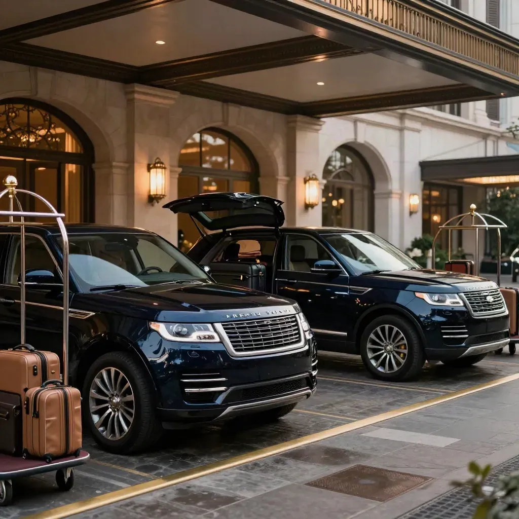 Three black SUVs under a hotel porte-cochère with luggage carts, stacked bags, and an open hatch.