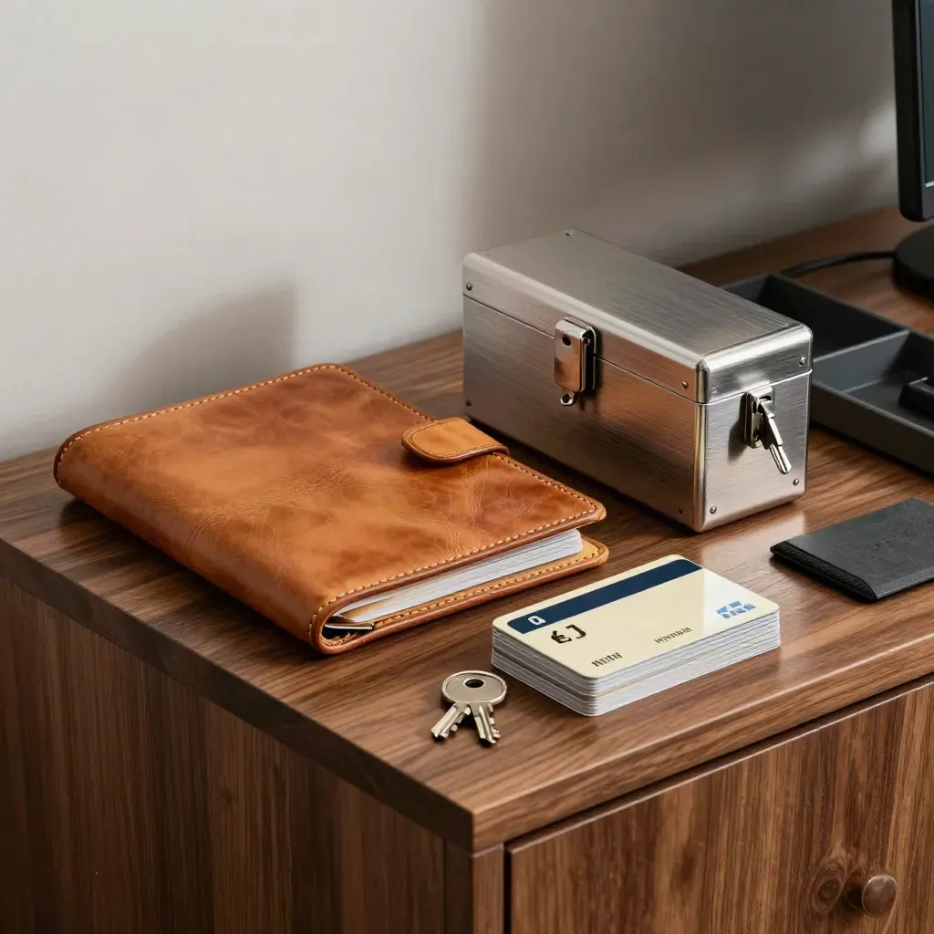Leather folio, key lockbox, and face-down fuel cards on a walnut credenza