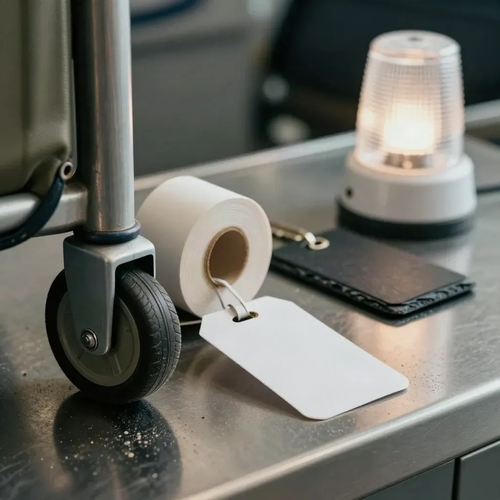 Airport transfer kit close-up: baggage cart wheel, luggage-tag roll, keycard holder and beacon lamp.