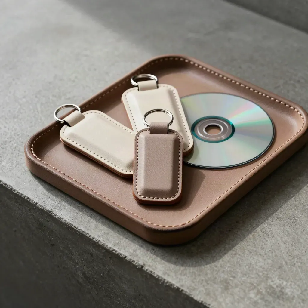 Leather valet tray with key fobs, subscription token, and parking disc on concrete.