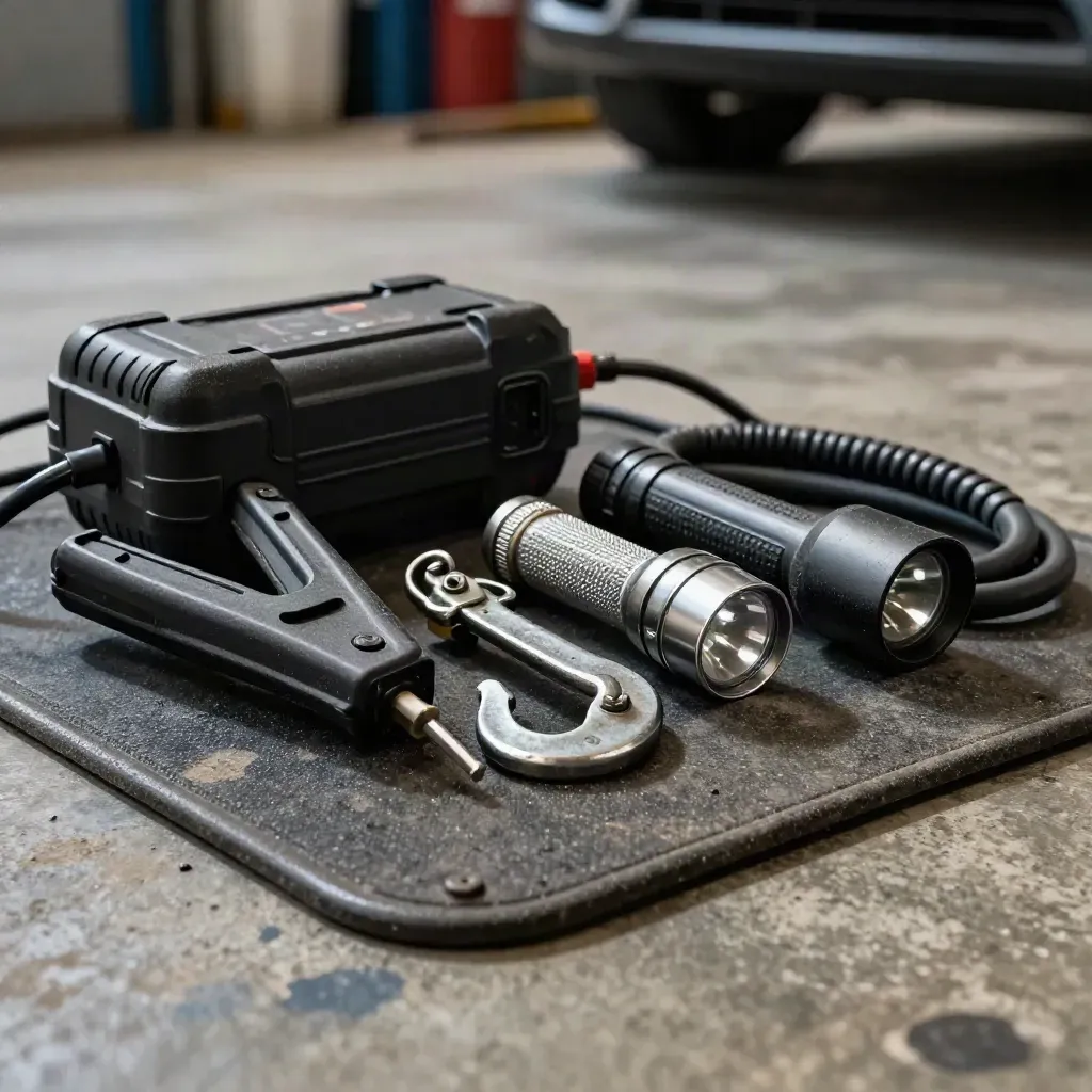 Extreme close-up of a roadside kit on a garage mat with jump pack, tow hook, flashlight and tire inflator.