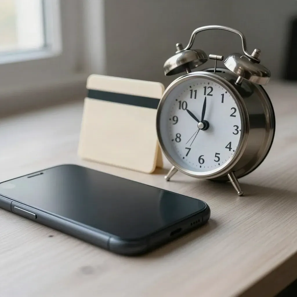 Matte phone, brushed alarm clock, and cream key-card sleeve on pale wood.