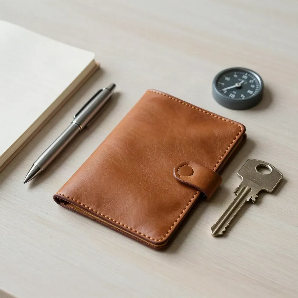 Returned keys in a leather sleeve with pen, notebook, and mileage dial on pale wood